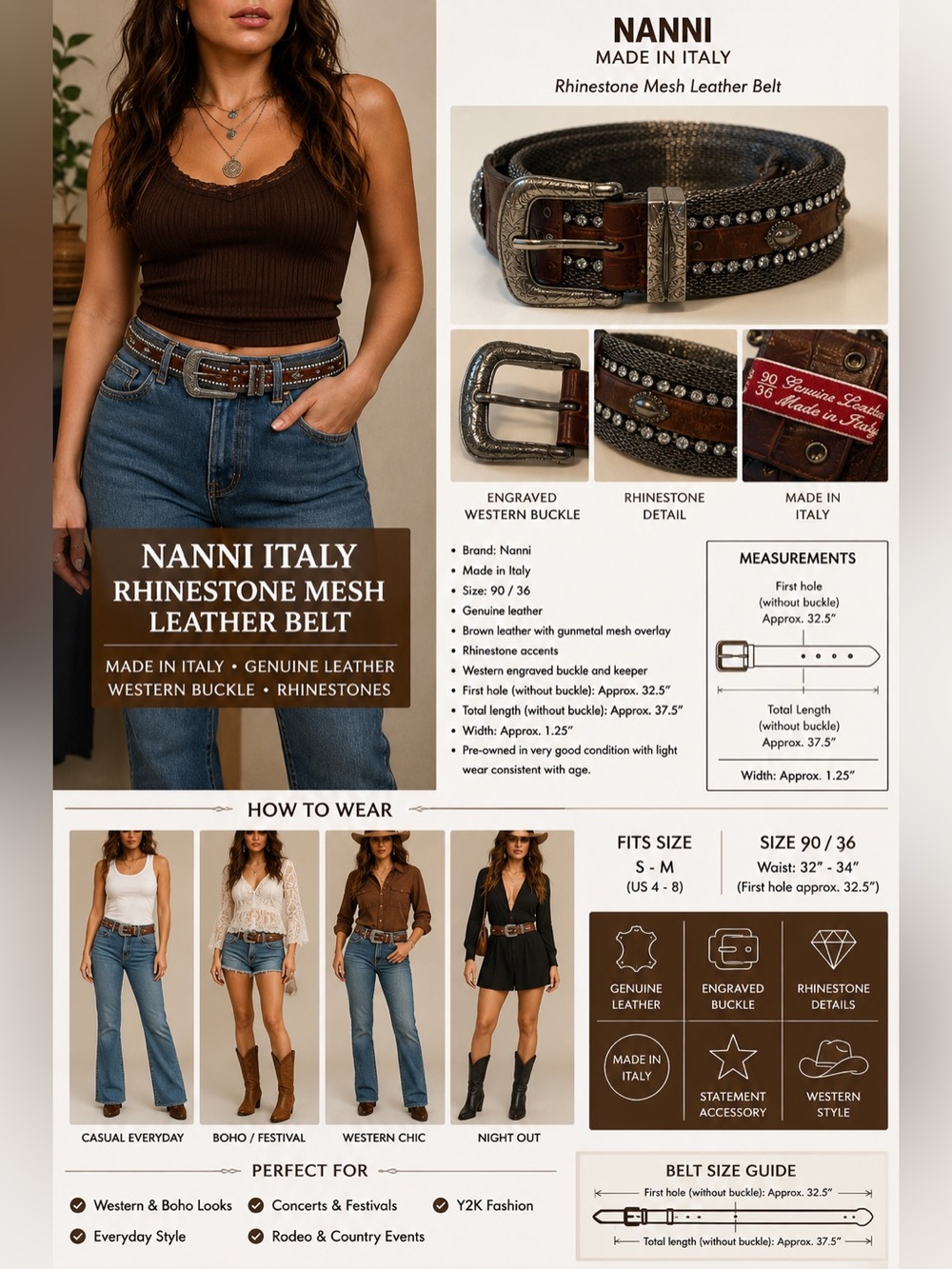 Nanni Italy Rhinestone Mesh Genuine Leather Western Belt Size 90/36 Brown